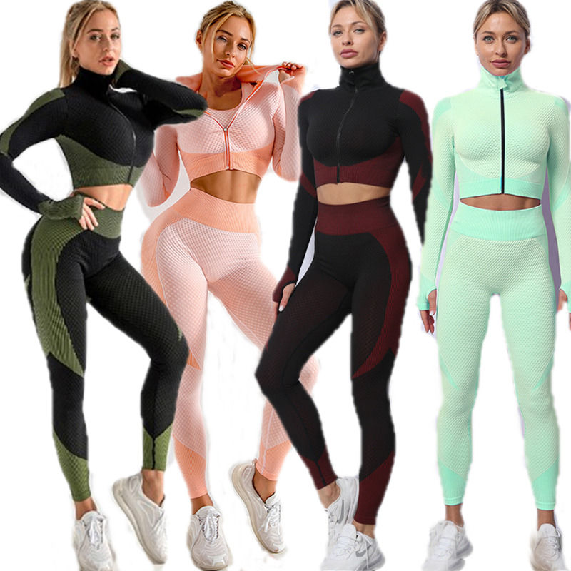 2021 Novo Antibacterial 3 Piece Set Correndo Jogging Vestuário Esportivo Casaco Tank Top Mulheres Skninny E Calças Yoga Wear