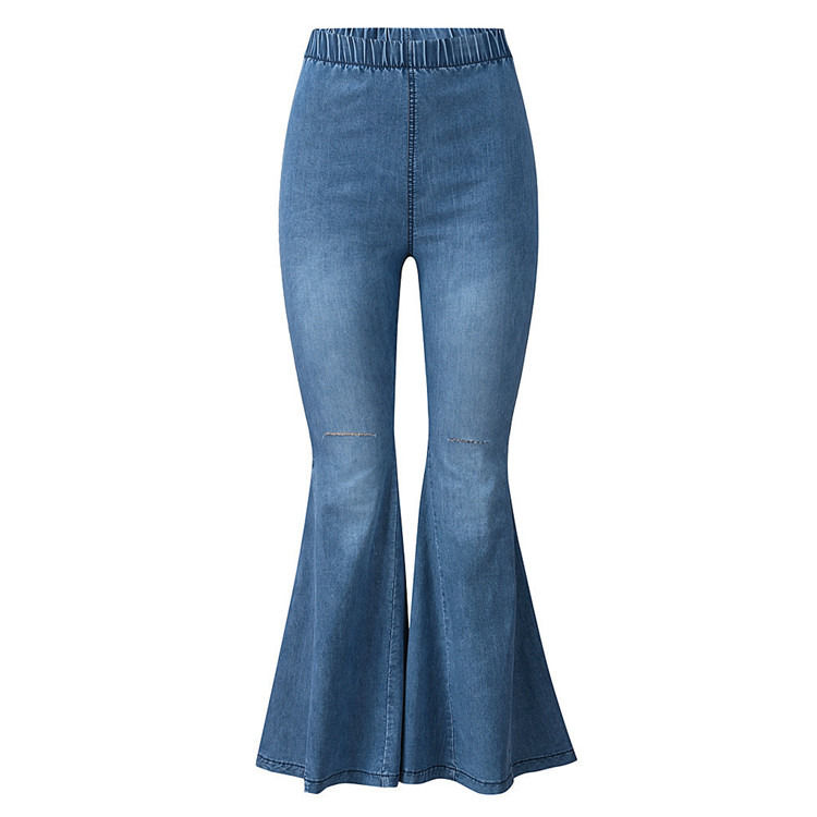 Color Fade Proof cintura alta cintura elástica joelho rasgado sino fundo mulheres jeans calças de luxo