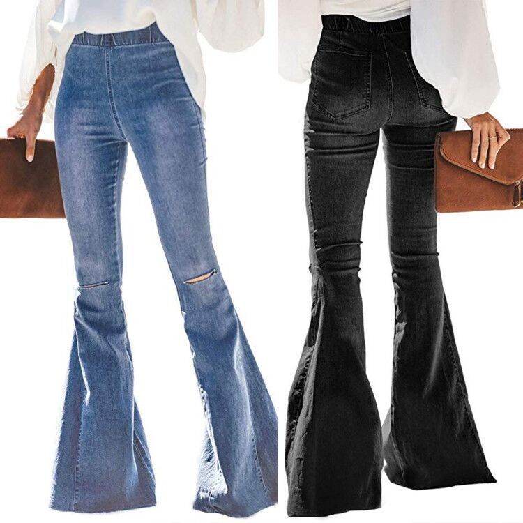 Color Fade Proof cintura alta cintura elástica joelho rasgado sino fundo mulheres jeans calças de luxo