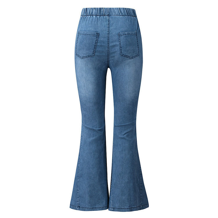 Color Fade Proof cintura alta cintura elástica joelho rasgado sino fundo mulheres jeans calças de luxo