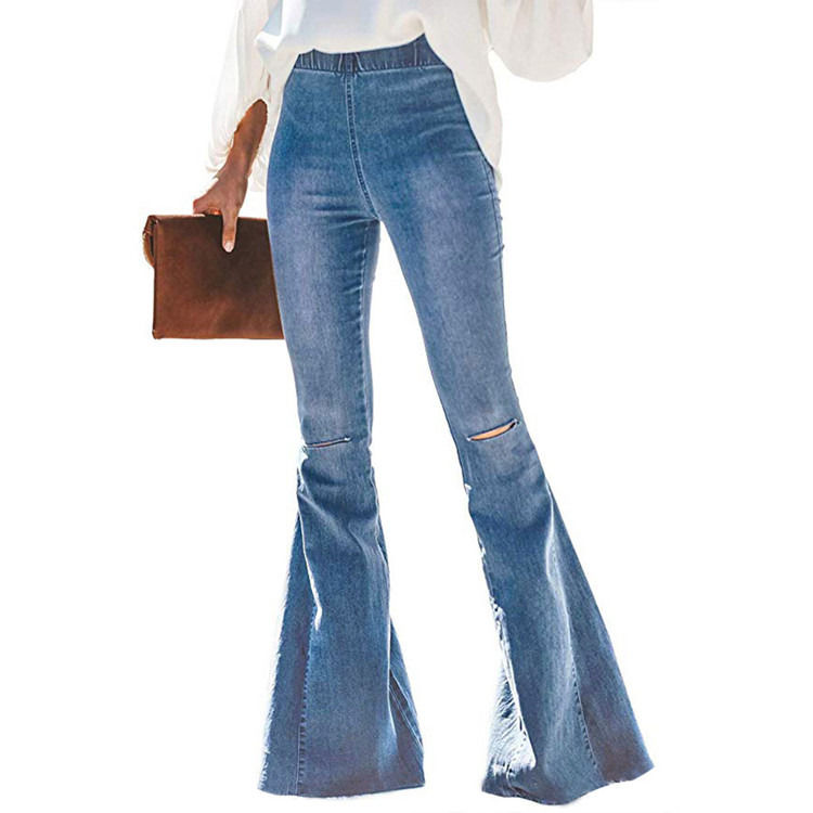 Color Fade Proof cintura alta cintura elástica joelho rasgado sino fundo mulheres jeans calças de luxo