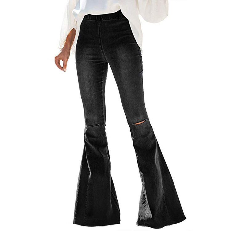Color Fade Proof cintura alta cintura elástica joelho rasgado sino fundo mulheres jeans calças de luxo