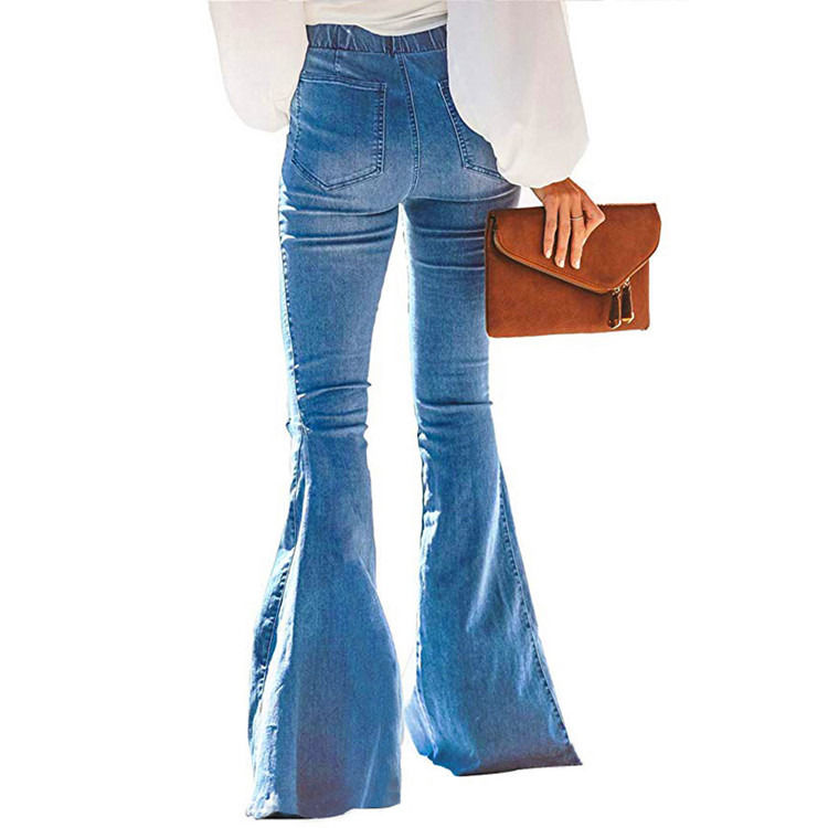 Color Fade Proof cintura alta cintura elástica joelho rasgado sino fundo mulheres jeans calças de luxo