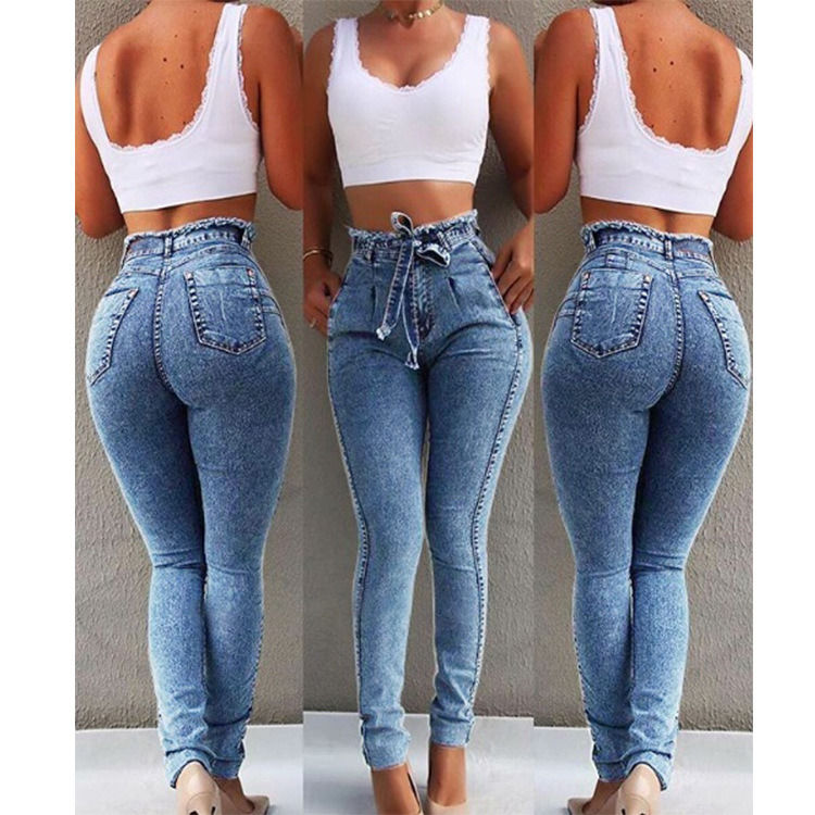 Faixa de cintura Tassel Cor Prova de desbotamento Alta qualidade Alta cintura Skinny lápis jeans mulher jeans elásticos