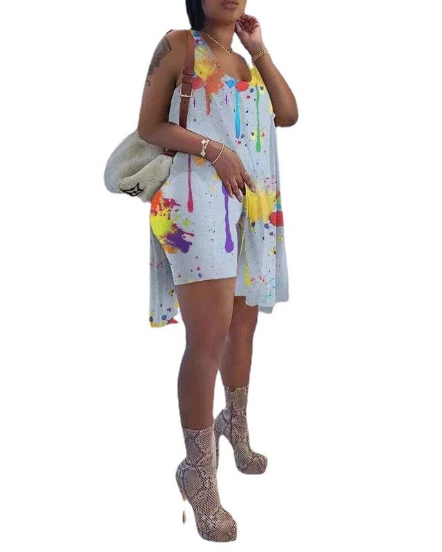 2021 Anti-UV Tie Die 2 Peças Set Prata de Impressão Splatter-Ink Outfits Irregular Asymmetric Edge