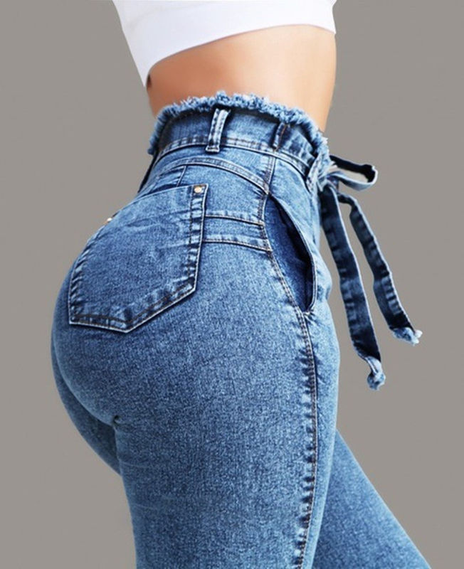 Faixa de cintura Tassel Cor Prova de desbotamento Alta qualidade Alta cintura Skinny lápis jeans mulher jeans elásticos