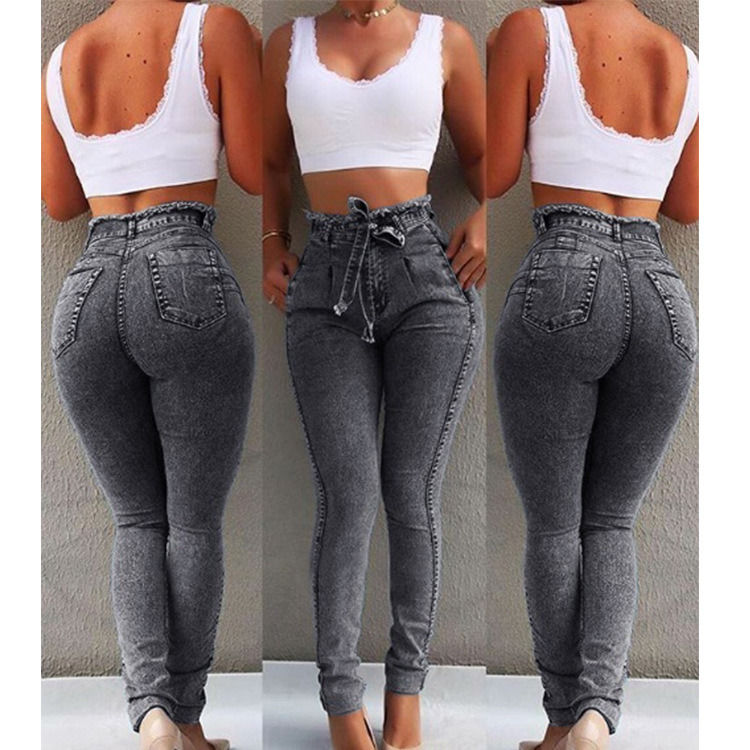 Faixa de cintura Tassel Cor Prova de desbotamento Alta qualidade Alta cintura Skinny lápis jeans mulher jeans elásticos