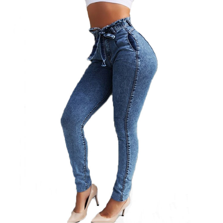 Faixa de cintura Tassel Cor Prova de desbotamento Alta qualidade Alta cintura Skinny lápis jeans mulher jeans elásticos