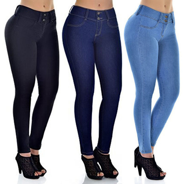 Prova de desbotamento de cor De boa qualidade Jeans estirantes de cintura alta Mulher sólida Jeans de lápis magros