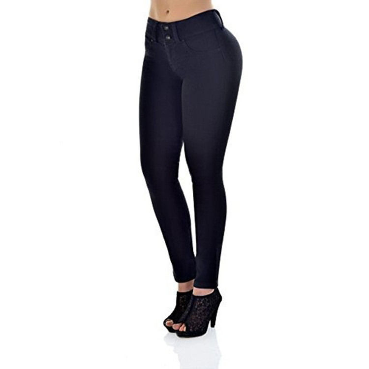 Prova de desbotamento de cor De boa qualidade Jeans estirantes de cintura alta Mulher sólida Jeans de lápis magros