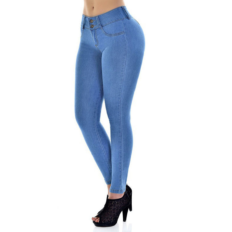 Prova de desbotamento de cor De boa qualidade Jeans estirantes de cintura alta Mulher sólida Jeans de lápis magros