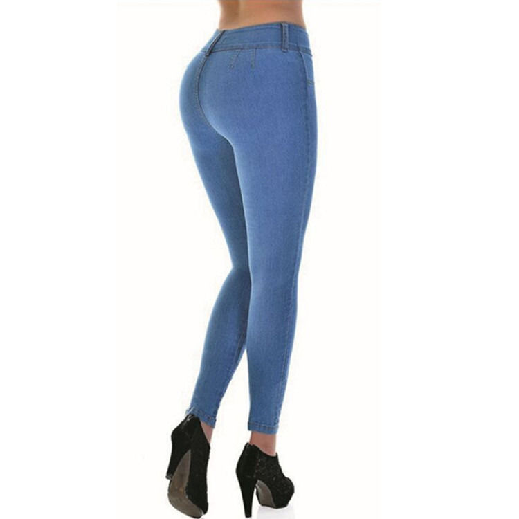 Prova de desbotamento de cor De boa qualidade Jeans estirantes de cintura alta Mulher sólida Jeans de lápis magros