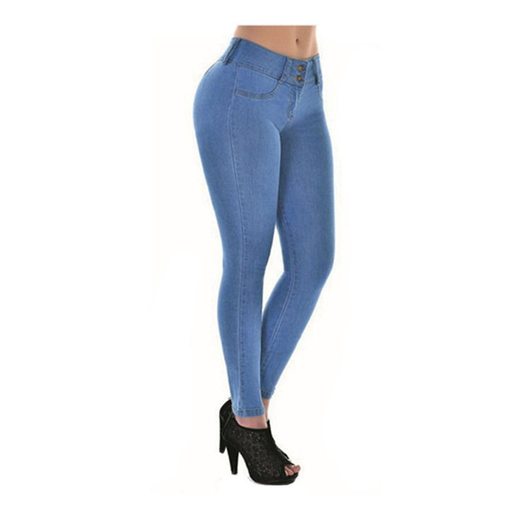 Prova de desbotamento de cor De boa qualidade Jeans estirantes de cintura alta Mulher sólida Jeans de lápis magros