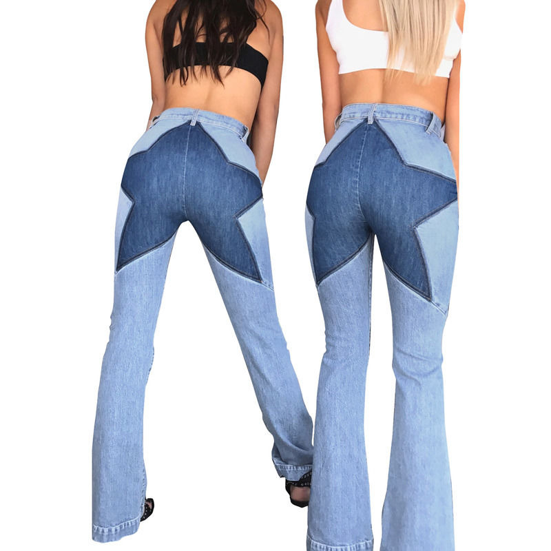 Color Fade Proof Patchwork de boa qualidade Hip star jeans costura estiramento calças alargadas mulheres jeans longos