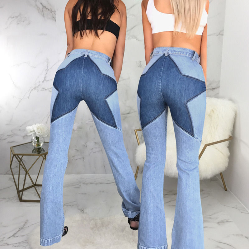 Color Fade Proof Patchwork de boa qualidade Hip star jeans costura estiramento calças alargadas mulheres jeans longos