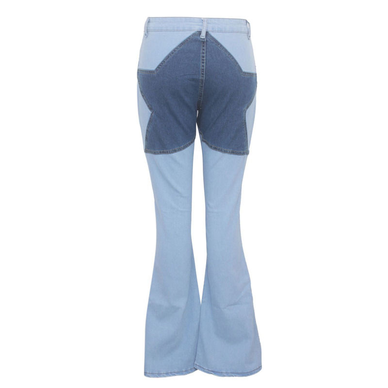 Color Fade Proof Patchwork de boa qualidade Hip star jeans costura estiramento calças alargadas mulheres jeans longos