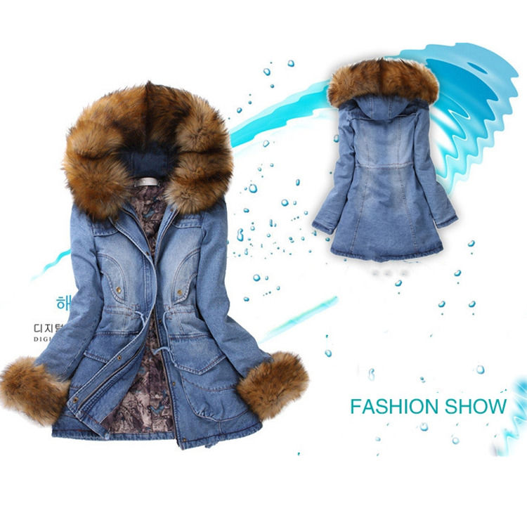 2020 Colarinho de pele Jaqueta de denim Inverno impermeável Grosso algodão aconchegado Jeans com capucha casaco mulheres