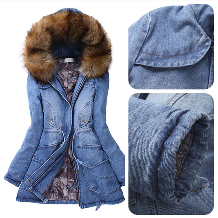 2020 Colarinho de pele Jaqueta de denim Inverno impermeável Grosso algodão aconchegado Jeans com capucha casaco mulheres