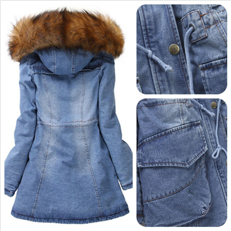 2020 Colarinho de pele Jaqueta de denim Inverno impermeável Grosso algodão aconchegado Jeans com capucha casaco mulheres