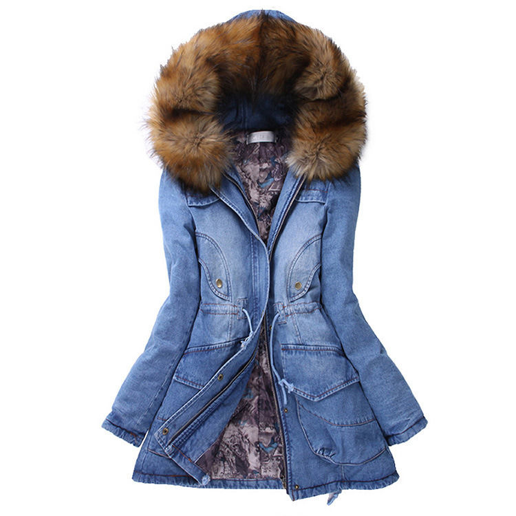 Moda colarinho de pele de algodão espesso colete de denim de inverno jeans com capuz casaco à prova d'água mulheres