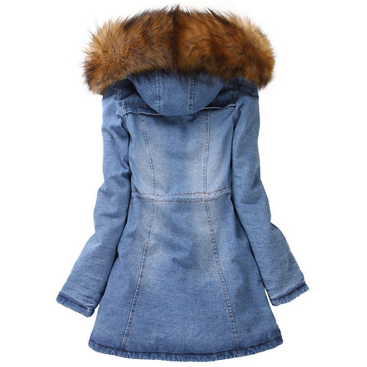 Moda colarinho de pele de algodão espesso colete de denim de inverno jeans com capuz casaco à prova d'água mulheres
