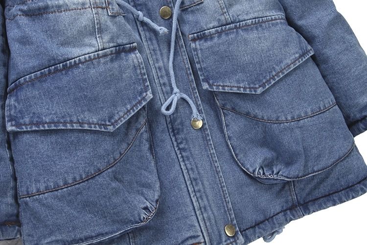 Moda colarinho de pele de algodão espesso colete de denim de inverno jeans com capuz casaco à prova d'água mulheres