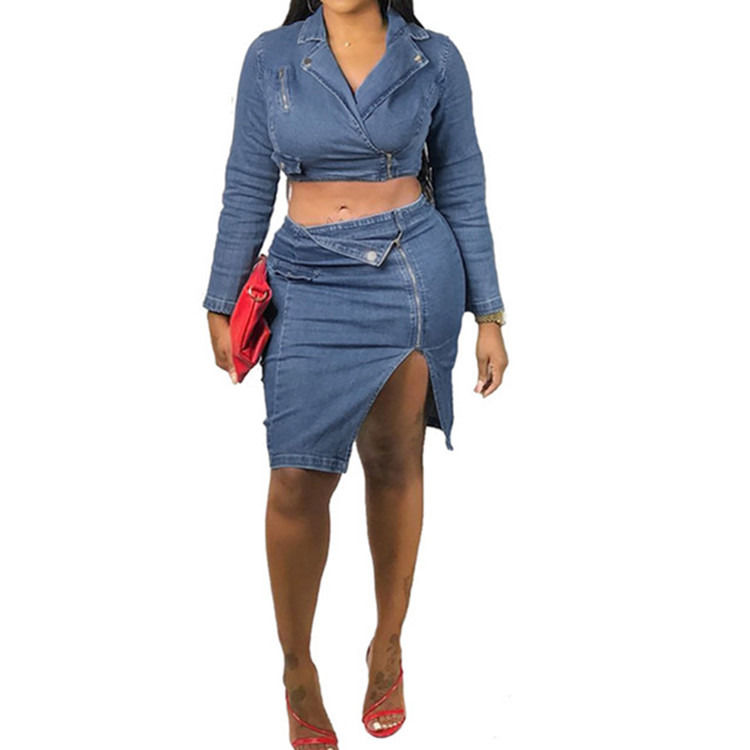 Estilo de moda e tamanho mais sexy saia de grelha de denim com conjunto superior de duas peças conjunto de saia casual de grelha