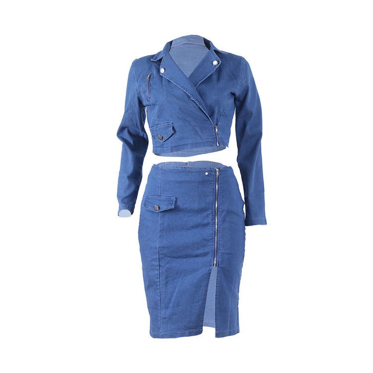 Estilo de moda e tamanho mais sexy saia de grelha de denim com conjunto superior de duas peças conjunto de saia casual de grelha