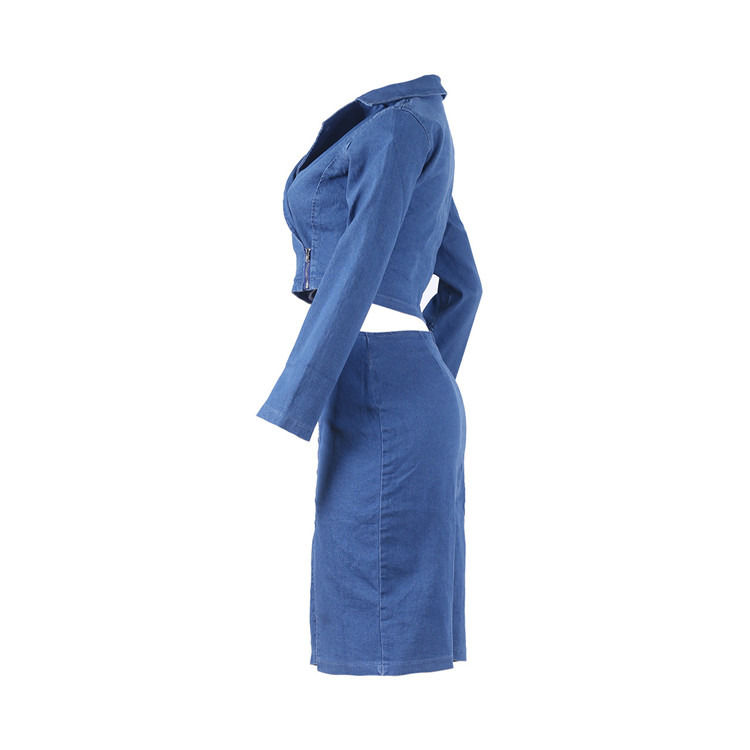Estilo de moda e tamanho mais sexy saia de grelha de denim com conjunto superior de duas peças conjunto de saia casual de grelha
