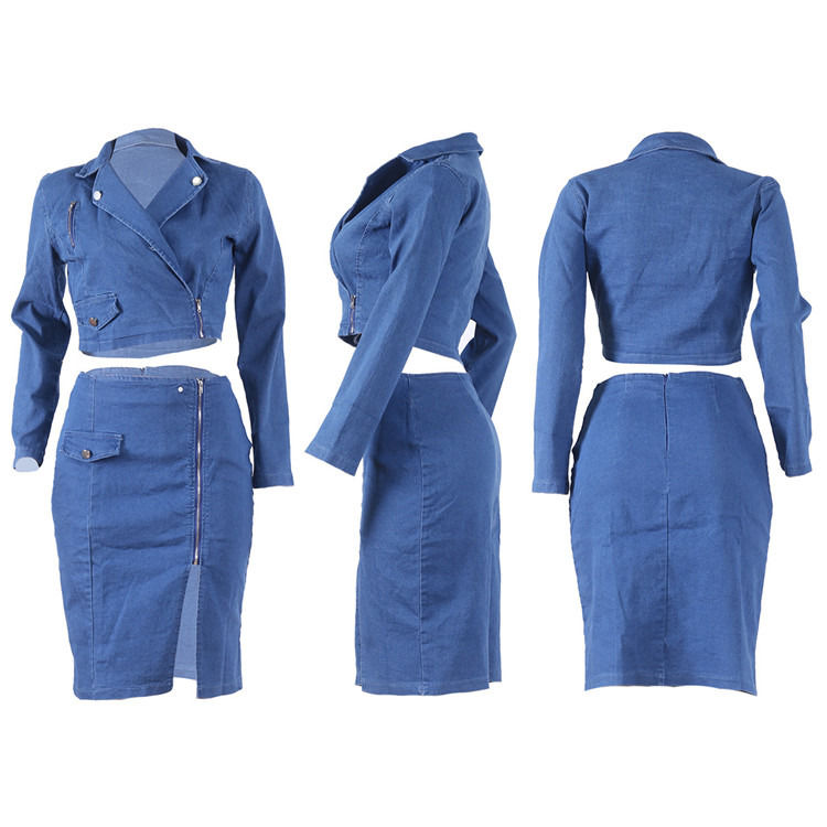 Estilo de moda e tamanho mais sexy saia de grelha de denim com conjunto superior de duas peças conjunto de saia casual de grelha
