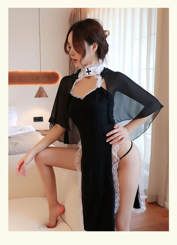 Preço de fábrica + tamanho Trajes de freira para mulheres Traje de freira Traje de sacerdote preto Trajes sexys de Halloween